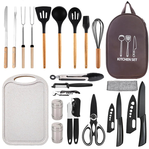 Pansyling Silicone Camping Cooking Set with Storage Bag RV Camping Must Haves Car Camping Essentials Camper Accessories Camping Kitchen Cooking Utensil for Picnic Hiking Travel